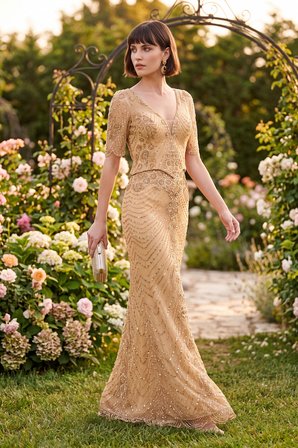 Kadın Gold V Yaka Kısa Kollu Taşlı Uzun Abiye Elbise