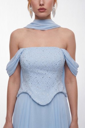 Kadın Bebe Mavi Şal Yaka Peplum Detay Uzun Şifon Abiye Elbise