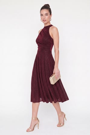 Kadın Bordo Halter Yaka Simli Midi Kloş Abiye Elbise