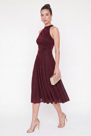 Kadın Bordo Halter Yaka Simli Midi Kloş Abiye Elbise