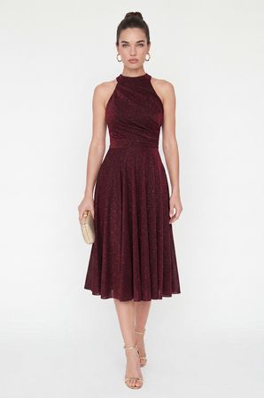 Kadın Bordo Halter Yaka Simli Midi Kloş Abiye Elbise