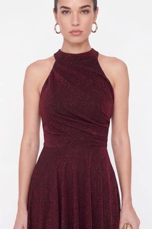 Kadın Bordo Halter Yaka Simli Midi Kloş Abiye Elbise