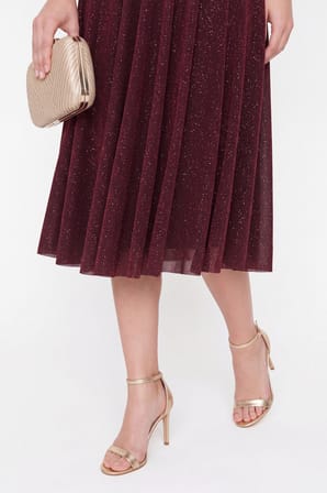 Kadın Bordo Halter Yaka Simli Midi Kloş Abiye Elbise