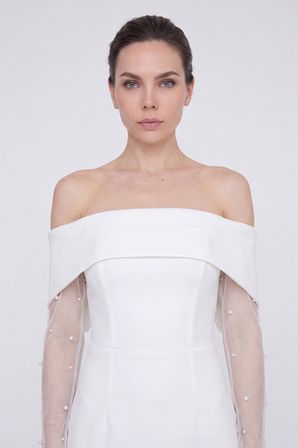 Kadın Beyaz Kayık Yaka İnci Detay Söz Nişan Nikah Abiye Elbise