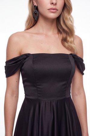 Kadın Siyah Kayık Yaka Saten Midi Söz Nişan Mezuniyet Abiye Elbise