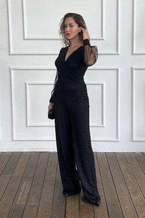 Kadın Siyah Kruvaze Yaka Simli Uzun Abiye Tulum