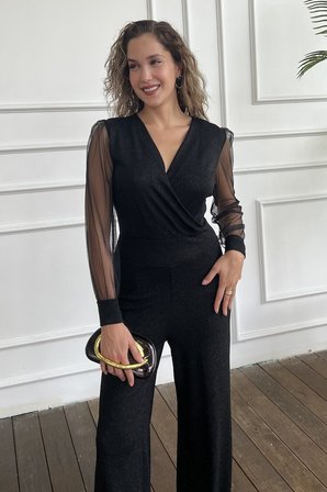 Kadın Siyah Kruvaze Yaka Simli Uzun Abiye Tulum
