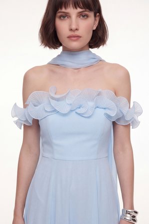 Kadın Bebe Mavi Fırfır Detaylı Uzun Söz Nişan Nikah Abiye Elbise