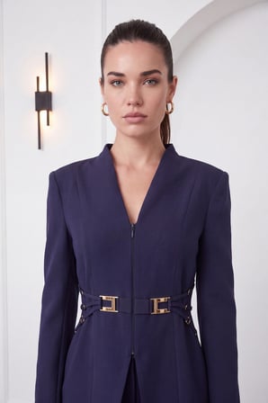 Kadın Lacivert Beli Aksesuar Detaylı Ceket Pantolon Takım