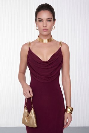 Kadın Bordo Askılı Drape Yaka Detaylı Uzun Davet Elbisesi