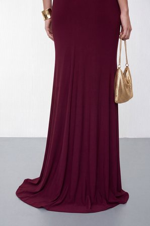 Kadın Bordo Askılı Drape Yaka Detaylı Uzun Davet Elbisesi