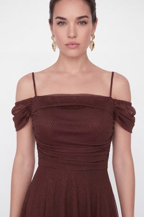 Kadın Kahverengi İnce Askılı Simli Midi Söz Nişan Nikah Abiye Elbise