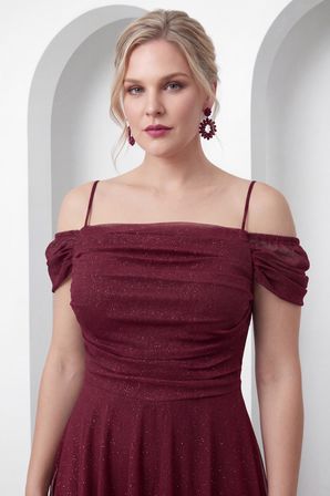 Kadın Bordo İnce Askılı Simli Midi Söz Nişan Nikah Abiye Elbise
