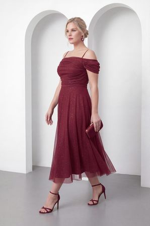 Kadın Bordo İnce Askılı Simli Midi Söz Nişan Nikah Abiye Elbise