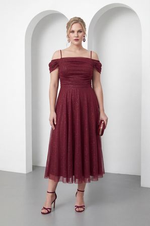 Kadın Bordo İnce Askılı Simli Midi Söz Nişan Nikah Abiye Elbise