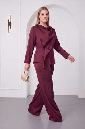 Kadın Bordo Degaje Yaka Büyük Beden Bluz Pantolon Takım