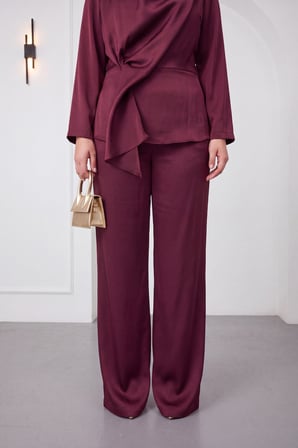 Kadın Bordo Degaje Yaka Büyük Beden Bluz Pantolon Takım