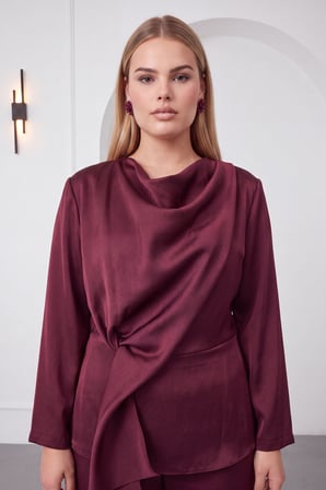 Kadın Bordo Degaje Yaka Büyük Beden Bluz Pantolon Takım