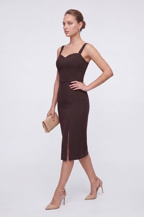 Kadın Kahverengi Askılı Yırtmaçlı Midi Kemerli Abiye Elbise