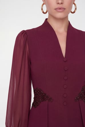 Kadın Bordo Aplike Detaylı Şifon Kol Midi Davet Elbisesi