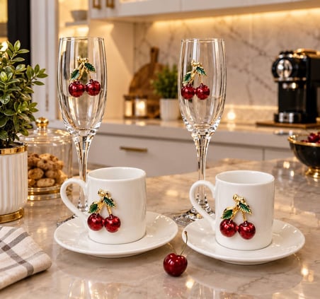 İkili Kahve Fincanı ve Kahve Yanı Kadeh Bardak Seti Metal Figürlü Kabartmalı