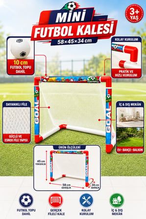 Toplu Futbol Kalesi 58×45×34cm – 10cm Futbol Topu Fileli Çocuk Futbol Kale Seti 3+ Yaş Bahçe ve Ev Oyuncağı