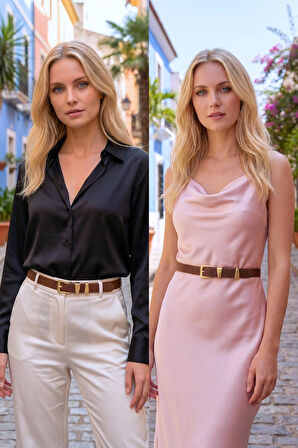 Asimetrik Gold Köprülü Kahve Kadın Kemer