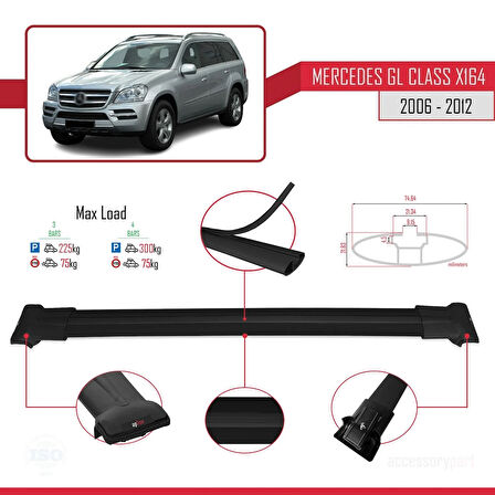 Mercedes GL Class (X164) 2006-2012 Arası ile Uyumlu FLY Model Ara Atkı Tavan Barı Siyah 3 Adet