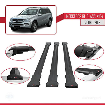 Mercedes GL Class (X164) 2006-2012 Arası ile Uyumlu FLY Model Ara Atkı Tavan Barı Siyah 3 Adet