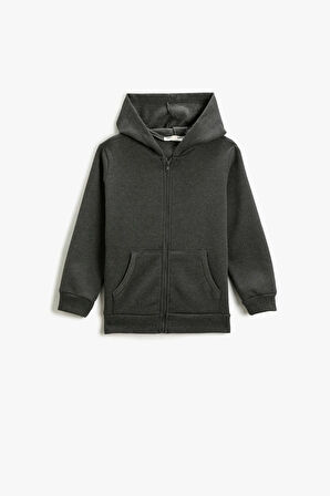 KND-250003 Basic Kapüşonlu 3 İplik Kışlık Fermuarlı Okul Sweatshirt 