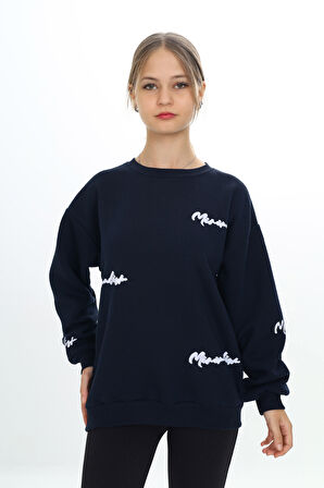 ATB-502872-3 Minimalist Baskılı Bisiklet Yaka 3 İplik Sweatshirt