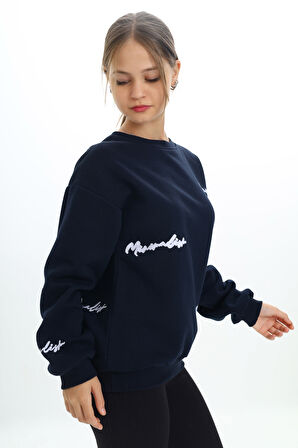 ATB-502872-3 Minimalist Baskılı Bisiklet Yaka 3 İplik Sweatshirt