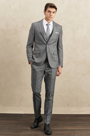 Erkek Gri Slim Fit Dar Kesim Mono Yaka Kareli Yelekli Klasik Takım Elbise
