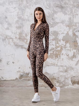 Leopar Desen Uzun Kollu Spor Tayt Tulum