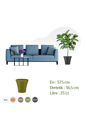  Begonvil 38cm Antrasit Yuvarlak 23 Litre Beton Görünümlü Plastik Saksı Drenaj Izgaralı Çiçek Saksısı