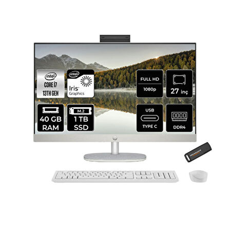HP 27-CR0004NT i7 1355U 40GB 1TB SSD Intel Graphics 27" FHD IPS FDOS All In One PC Beyaz & PER4