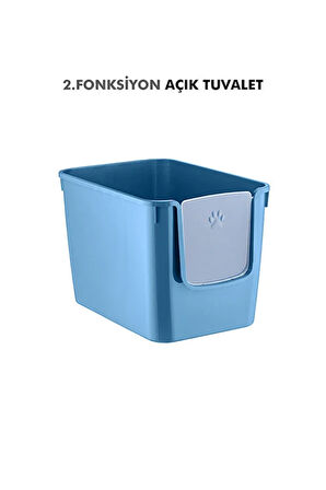 XL 3 Fonksiyonlu Premium Kapalı Kedi Tuvaleti ve Taşıma Çantası 56 x 40 x 43 Cm Mavi