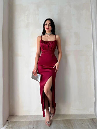 Yırtmaç Detaylı İp Askılı Göğüs Drapeli Bordo Midi Boy Elbise