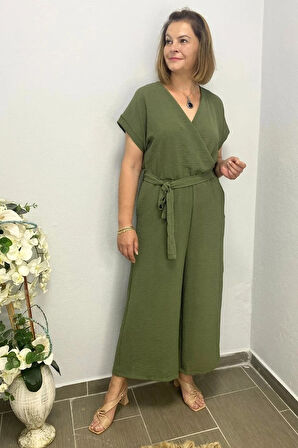 Kadın Haki Kruvaze Yaka Tulum