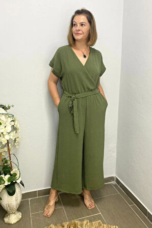 Kadın Haki Kruvaze Yaka Tulum