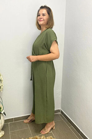 Kadın Haki Kruvaze Yaka Tulum