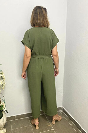 Kadın Haki Kruvaze Yaka Tulum