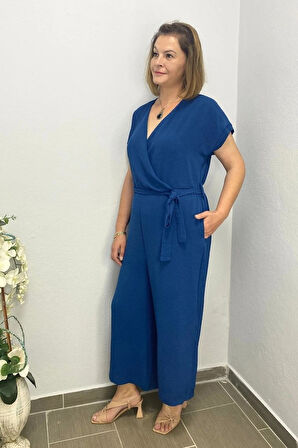 Kadın Mavi  Kruvaze Yaka Tulum