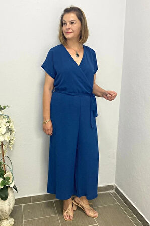 Kadın Mavi  Kruvaze Yaka Tulum