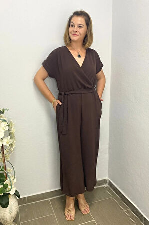 Kadın Kahve Kruvaze Yaka Tulum