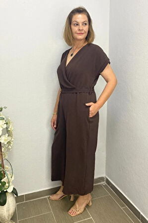 Kadın Kahve Kruvaze Yaka Tulum