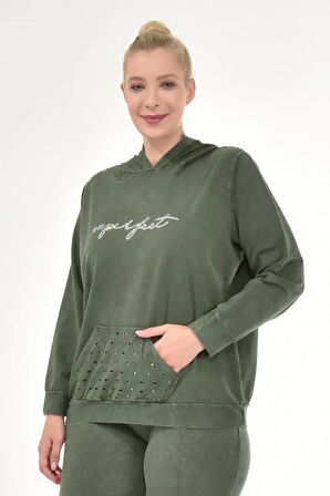 Kadın Büyük Beden İtalyan Yıkama Haki Kapşonlu Sweatshirt