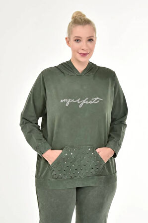 Kadın Büyük Beden İtalyan Yıkama Haki Kapşonlu Sweatshirt