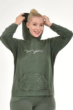 Kadın Büyük Beden İtalyan Yıkama Haki Kapşonlu Sweatshirt