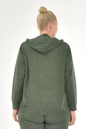 Kadın Büyük Beden İtalyan Yıkama Haki Kapşonlu Sweatshirt